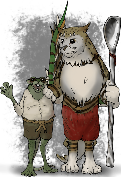 Illustration. Two friends stand next to each other. The taller (right) looking down at the other (left) with affection. The shorter waving happily to the viewer. The taller is an owl-cat. The smaller is a frog-rat.