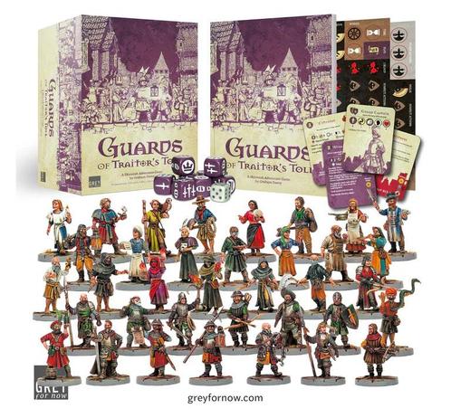 A tabletop game set with 36 detailed miniatures arranged in rows, two rulebooks behind, and colorful cards and dice visible in the background.