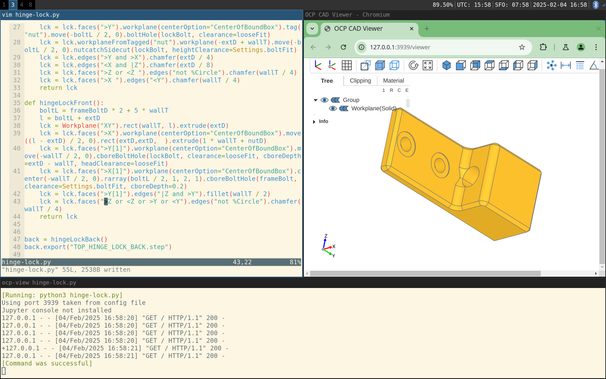 Browser window on right hand side showing preview of code CAD object open in neovim on left hand side, with run loop at the bottom