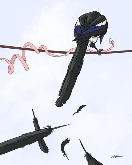 Disegno di una gazza che ha appena catturato un cavo telefonico che sembra ribellarsi.