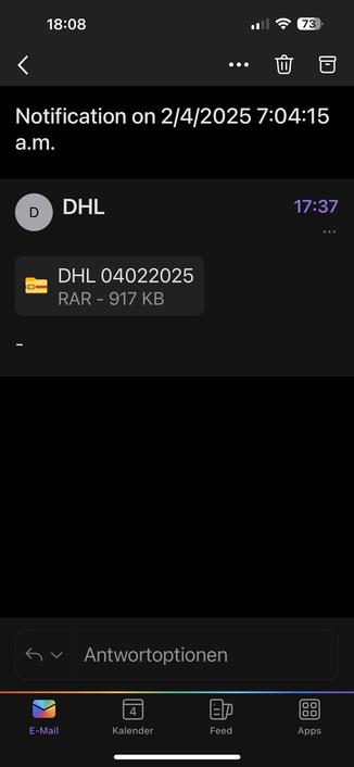 Ein Screenshot von einem mobilen Gerät mit einer (scheinbaren) Benachrichtigung von DHL vom 2.2.2025 um 7:04:15 Uhr, mit einer angehängten Datei mit der Aufschrift "DHL 04022025" im RAR-Format, Größe 917 KB