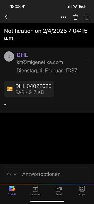 Der gleiche Screenshot von einem mobilen Gerät mit einer (scheinbaren) Benachrichtigung von DHL vom 2.2.2025 um 7:04:15 Uhr, mit einer angehängten Datei mit der Aufschrift "DHL 04022025" im RAR-Format, Größe 917 KB - diesmal mit aufgeklappter eMail-Adresse, die eindeutig nicht von DHL ist.