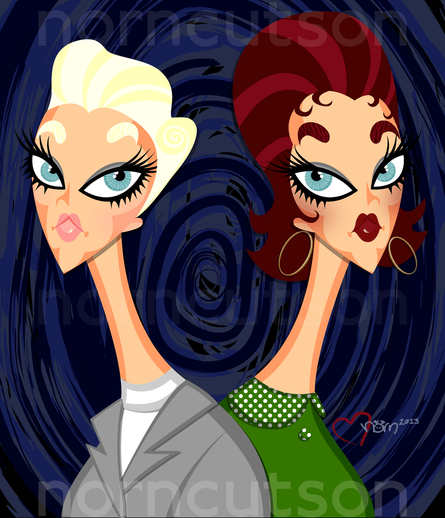 My take on VERTIGO.

Two Kim Novaks, one with chic, short blonde hair, in a sharp suit, and one with a sassy red bouffant, gold hoop earrings, and tight green sweater with dotted collar.
They are shown in head-and-shoulders portrait view, against a swirling dark blue background.
My signature to the lower right.