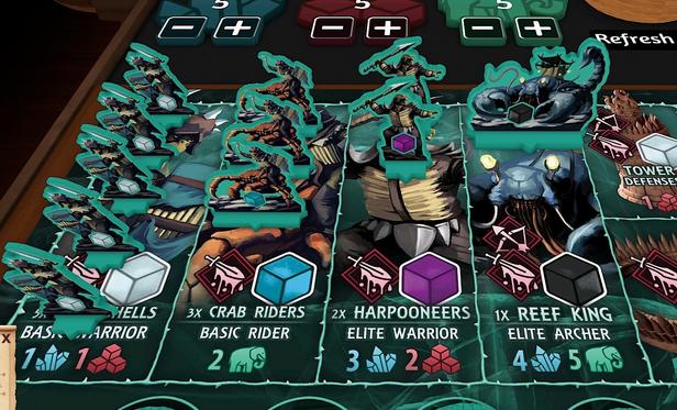 Screenshot from tabletop simulator of faction board in Uprising Curse of the Last Emperor showing their unit types with matching standees, including crab riders and a Reef King who is a giant lobster.