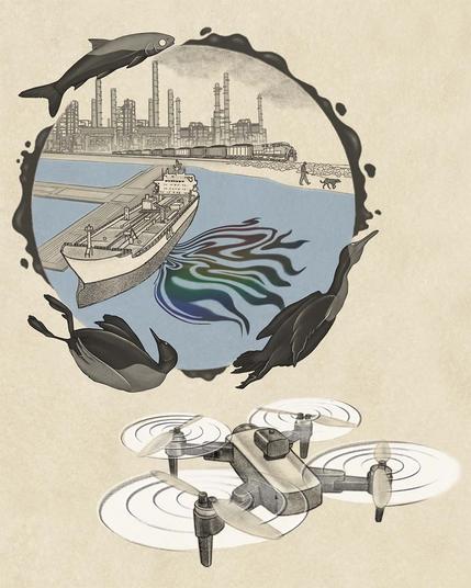 Illustration of an oil tanker releasing oil into the Bay with a Baykeeper drone watching
