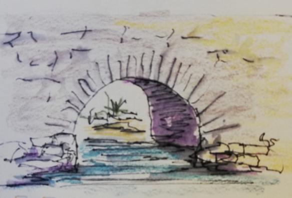 Little sketch, done quickly. The stone is sandy yellow, the shadows purple to enhance the sense of a hot sunny day, and the water is rather turquoise.