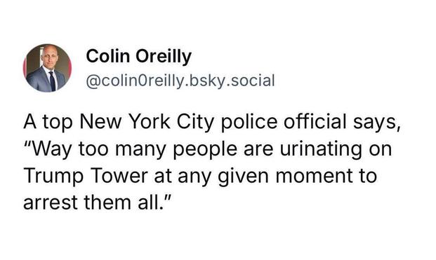 A top NYC police official says "Way too many people are urinating on Trump Tower at any given moment to arrest them all"