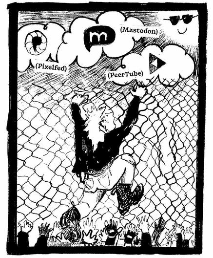 A punk climbs a chain link fence towards a sky with a cool sun shining. In the sky are clouds: pixelfed, mastodon, peer tube