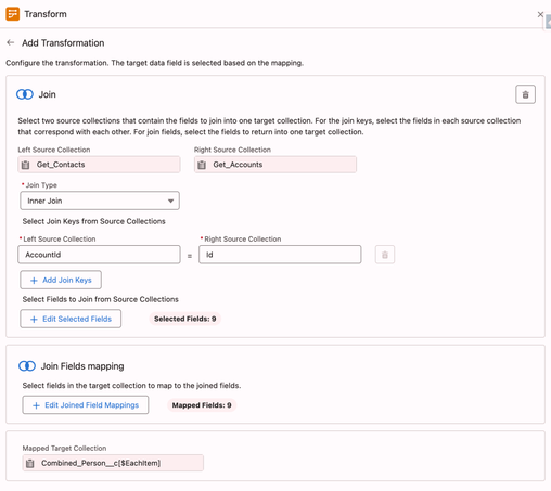 Transform Element Join Configuration Screen showing left and right join keys and fields.