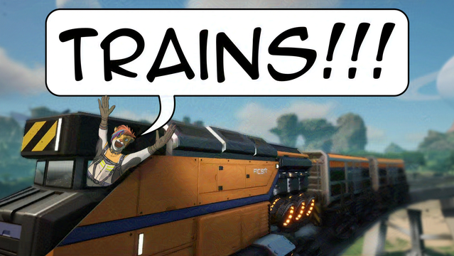 An Otter wearing the Pioneer uniform is riding in a Satisfactory train, while shouting the word "TRAINS!!!"