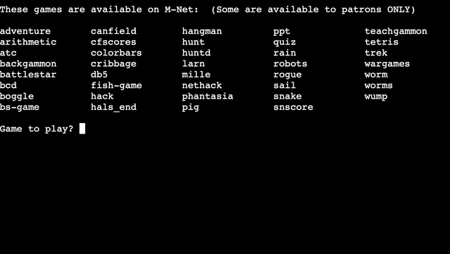 A list of games available to play on m-net.arbornet.org