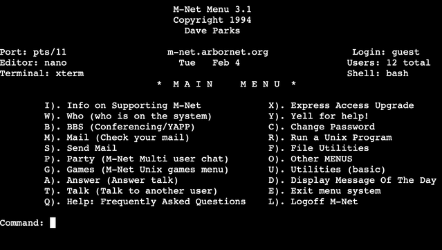 The guest user menu interface system on m-net.arbornet.org