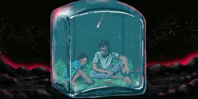 A digital painting of a father & child playing with toy dinosaurs inside a large glass bottle, amidst lush grass and foliage. Outside the bottle is a barren rockscape against a starry night sky. Behind the bottle, there is a distant meteor, aimed directly at the oblivious child.