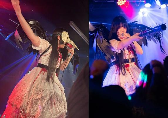 Two images of Yuffie in a blood splattered dress screaming into a mike on stage.