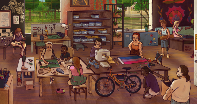 A big and detailed illustration of an indoor space filled with people. Everything is gently lit by the summer sun let in through the two tall windows. The outside is green as can be. The room - a maker and hacker space - is furnished with various shelves, tables, work benches and chairs. Nearly every surface is teeming with tools and containers, and abstract colorful murals cover the walls. Two tables stand in the middle of the room, right next to each other. A man at the left table is teaching others about repairing their own prostheses. He himself has a body-powered prosthetic arm. At the right table, people are busy repairing a bike, sewing clothes and pride flags. In the back, people are chatting, passing each other tools; a girl sitting next to a window is painting her prosthetic arm on her lap.

(I copied the image description from the amazing lemonout who made the illustration)