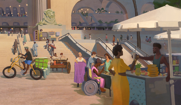 People cook, sew, repair and deliver things.
A section of the illustration by Sean Bodly.