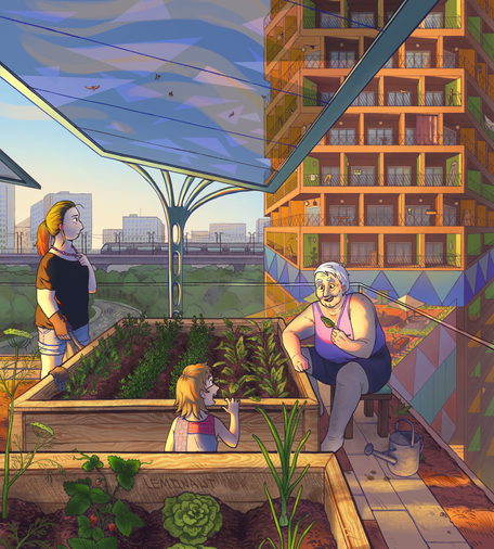 Digital illustration of a rooftop vegetable garden under a semi-transparent solar panel, lit by the morning sun. Behind it we see a vibrant residential tower, and yet further - a park still bathed in gentle shadows, as well as a train bridge. Three people are in the foreground next to the raised garden beds. A grandmother is sitting on a stool, explaining something to the curious child who's crouching nearby. To the left, a girl, clearly in the middle of doing something, appears to have zoned out and is now looking into the distance, fiddling with her necklace. A watering can is dripping on the thin stone-tiled path nearby.

illustration an image description by the_lemonaut