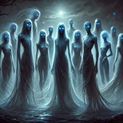Meet the Nyxari: KI-generiertes Bild einer Gruppe unheimlicher, geisterhafter Gestalten mit leuchtend blauen Augen.