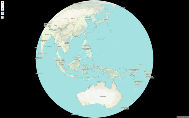 A globe depicting Southeast Asia on this day in 1925, including the Philippine Islands, the Colony of Labuan, the Federated Malay States, the Dutch East Indies, Australia, the Dominion of New Zealand, and the New Hebrides.