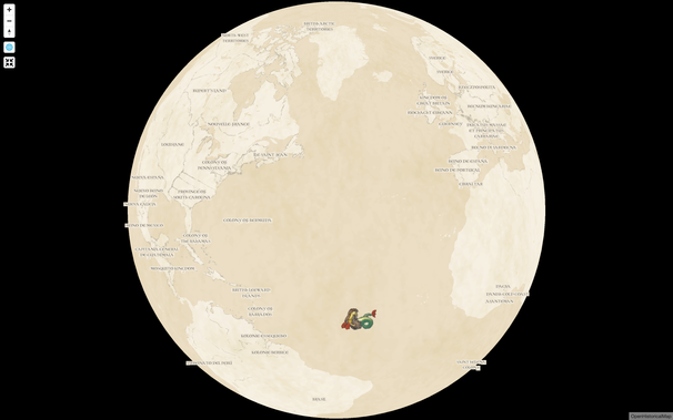 A globe depicting the Northern Atlantic region on this day in 1725 in a novelty woodblock style, including the British Arctic Territories; New France; the Colonies of Pennsylvania, South Carolina, the Bahamas, and Bermuda; New Spain; the Kingdom of Mexico; the Viceroyalty of Peru; Brazil; St. Helena Colony; the Danish Gold Coast; the Kingdoms of Sardinia, Portugal, Spain, and Great Britain; and Sweden. A colorful sea dragon lies in wait in the middle of the ocean.