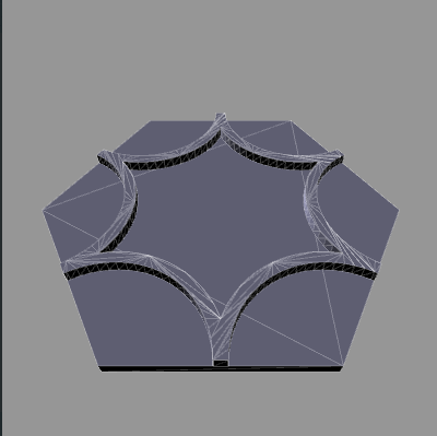a 3D view of an hexagonal thin slab with an extruded "star" made of 6 arcs on top. Each arc end reaches the middle of the hexagon sides.