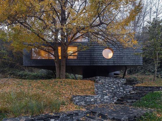 A modern, elevated dark-colored house with large windows is set amidst a forested area. The house is lit inside, and a small path leads up to it.