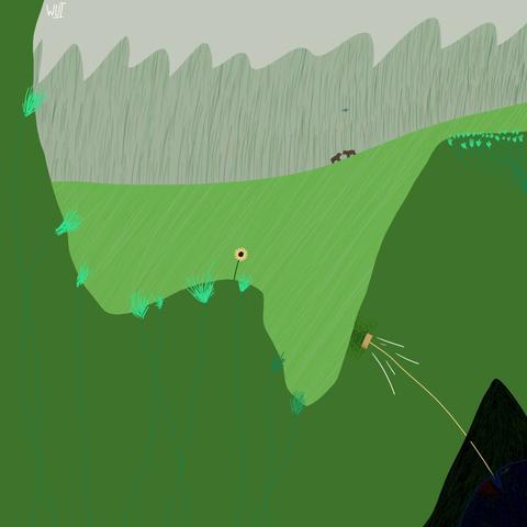 A digital painting of a beautiful landscape full of hills and greenery with a far-off forest set as a backdrop. In the foreground is a single sunflower at the bottom of a large hill but at the top of a deep valley. Scattered along the ground are a few unnaturally green colored tufts of grass which appear to have deep roots that reach longer than would be expected for the size of the grass above the ground. In the mid space, between the flower and forest, is a clearing that has two brown bears who are facing eachother with an intimate space between their snouts. At the bottom right of the scene is an underground triangle that appears to be a dark space that hides and strange round blue monster. The monster appears to have some type of metal tool coming out of it's mouth that appears to be forcing it's way out of the ground.