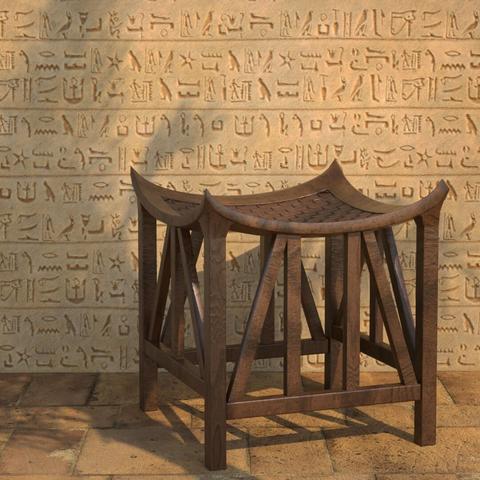 Rendering showing an ancient Egyptian chair placed in front of a wall covered in carved hieroglyphs.