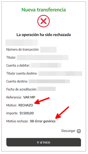 Captura de pantalla del resultado de una transferencia bancaria del Banco de la Provincia de Buenos Aires. En dicho resultado, la operación fue rechazada y el motivo, según lo que indica el propio sistema, se debe a un «error genérico».