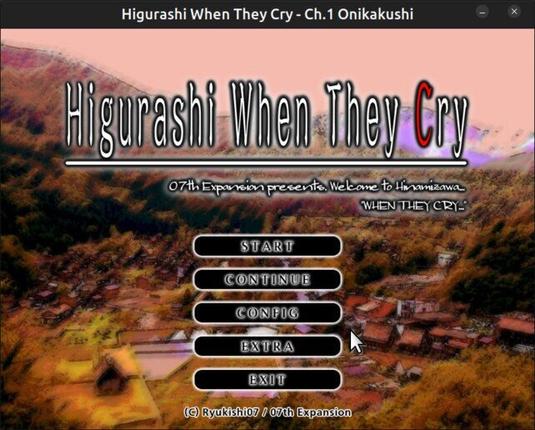 Title screen. Higurashi When They Cry. 07th Expansion presents. Welcome to Hinamizawa... WHEN THEY CRY.... Menu buttons over a photograph of Hinamizawa village at sunset.