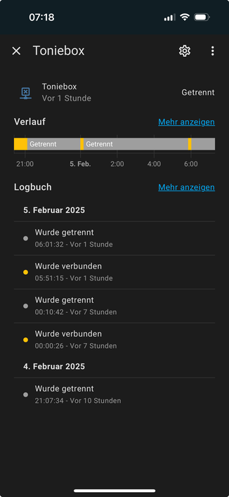 Screenshot einer Home Assistant Entität für meine Toniebox. Sie zeigt den Verbindungsstatus im WLAN an. Oben sieht man eine Timeline und unten die einzelnen Log-Einträge mit Uhrzeiten und Status.