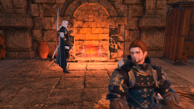 A white-tiger lady in armor with a greataxe stands contemplatively before an orange-glowing fireplace as she looks toward a blurred man in the foreground.