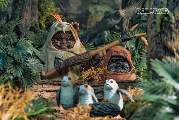 Two Ewoks find a neat of porgs
