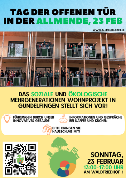 Einladung zum Tag der offenen Tür im Wohnprojekt Allmende in Gundelfingen. Am Sonntag den 23.02. von 13:00 - 17:00 Uhr. Adresse: Am Waldfriedhof 1, 79194 Gundelfingen