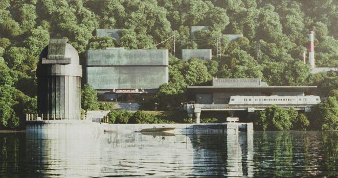 A picture of Stelpolvo Lab buildings on a steep densely wooded hill of the crater lake. An observatory is at the end of a pier that extends into the lake, some small boats are moored at the pier. On the coast is the main building, a small train station with a train at the platform, miscellaneous smaller buildings an a power station with powerlines to the different buildings. All buildings are made of concrete with copper cladding.