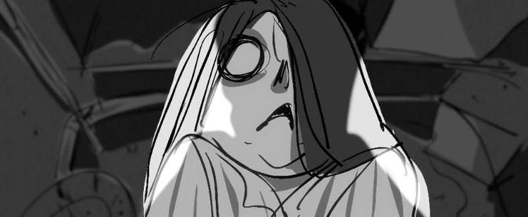 Lazy Dog. Storyboard drawing of a frightened girl with a shadow falling over her face.