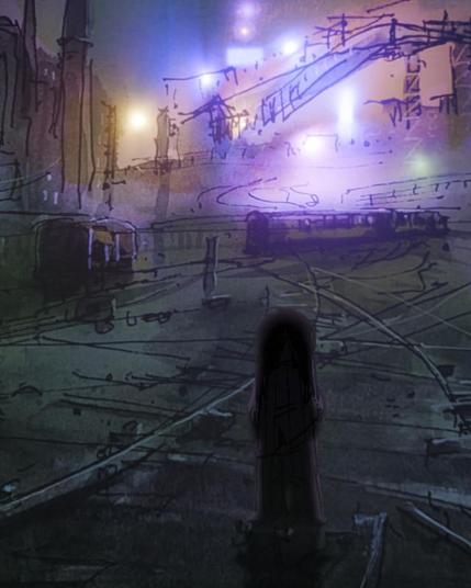 Lazy Dog. A colored beatboard drawing of a girl in a rundown marshalling yard, at night.