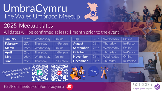 A promotional graphic for "UmbraCymru: The Wales Umbraco Meetup" displays the 2025 meetup dates. The header has a blue background with white text, and a pink banner underneath reads, "2025 Meetup dates – All dates will be confirmed at least 1 month prior to the event." A table lists the meetup dates, days of the week, and whether the event is online or in person:

January 29th (Wednesday) – Online
February 27th (Thursday) – In-Person
March 26th (Wednesday) – Online
April 24th (Thursday) – In-Person
May 28th (Wednesday) – Online
June 26th (Thursday) – In-Person
July 30th (Wednesday) – Online
August 28th (Thursday) – In-Person
September 24th (Wednesday) – Online
October 30th (Thursday) – In-Person
November 26th (Wednesday) – Online
December 11th (Thursday) – In-Person

The bottom of the image includes QR codes for submitting speaker talks via Sessionize and RSVPing on Meetup. There is a graphic with illustrated figures and a speech bubble saying "H5YR!" Photos of past meetups, showing people sitting on bean bags and attending a presentation, are faded into the background. The sponsors, "Method 4 – an Aspire Systems company," are credited in the bottom right corner.