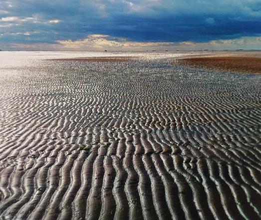 Foto: Ebbtide in the wadden sea. Ripples in the sand under a sky with dark blue clouds. Warften (house hills) on a distant island.