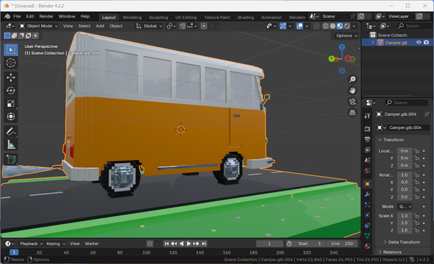 Image is a screenshot of Blender 3D DCC tool with an orange (bottom) and white (top) two tone voxel model of a Volkswagen classic style camper van on a road. The wheels and some of the trim are a shiny metallic material. The model has been exported from Avoyd Voxel Editor to the glTF binary format, which is currently a work in progress so lacks transparent windows.