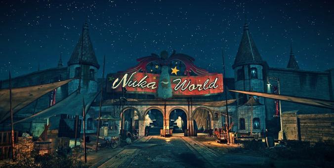 The night sky looms above the entrance to the now derelict Nuka World, a raider's paradise.
