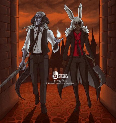 Old, pale male xaela au ra and middle-aged, brown-skinned, one-eyed female rava viera walking in the streets of Ishgard, armed to the teeth. A silhouette of ishgardian towers can be seen in the background, and behind them an ominous flame-coloured sky of the Final Days. The aura is dressed like your everyday office worker, carries a sword and has a spell ready that resembles a white flame. The viera is dressed like Blade runner and carries a saw cleaver.