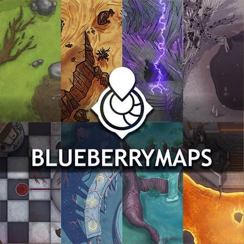 My logo of a stylized astrolabe and BLUEBERRYMAPS in white capital letters, over a background made out of eight pieces of different maps I've made. So you can see the variety!