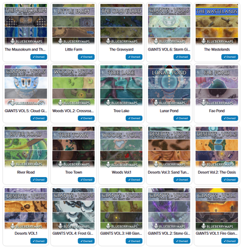 A screenshot of 20 of my covers for the battlemap packs I've submitted to Roll20 so far. They all have the same style: the tittle in white capital letters over a neutral grey horizontal stripe and then four cuts of different versions of the map, with my logo on the bottom. Between you and me: I'm very proud of my evolution as a cartographer!