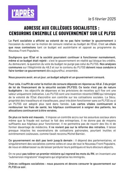 Les cartes vitales continueront à rembourser les frais de santé, les hôpitaux continueront à soigner des patients, les allocations continueront à être versées.
De plus ce texte est mauvais. Il impose un contrôle accru sur les assuré.es sociaux alors même que la fraude est surtout le fait des entreprises. Il ne donne pas de moyens suffisants aux hôpitaux pour fonctionner. Il ne permettra pas de rouvrir des lits ni de former davantage de médecins. Il ne revient pas sur la réforme des retraites. Il laisse presque intactes les exonérations de cotisations patronales, pourtant inutiles et extrêmement coûteuses, comme l'avait reconnu Michel Barnier.
Ce gouvernement ne doit pas tenir jusqu'à demain: il dépend des parlementaires, et singulièrement des socialistes comme celles et ceux de tout le Nouveau Front Populaire, de nous en débarrasser ou de laisser perdurer leurs politiques et leurs discours abjects.
On ne peut pas tolérer un premier ministre qui reprend les mots du RN, en inventant une "submersion migratoire" imaginaire qui stigmatise les immigrés.
Chèr.es collègues socialistes: nous pouvons et devons censurer le gouvernement sur PLFSS ce soir.