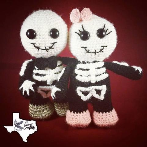 Crochet male and female skeleton in front of a red backdrop. Small white Texas logo in the bottom left hand corner.