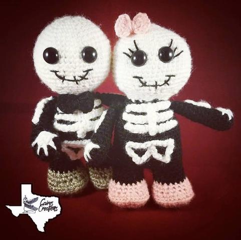 Crochet male and female skeleton in front of a red backdrop. Small white Texas logo in the bottom left hand corner.