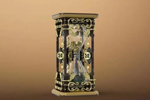 a model of an hourglass made of Lego bricks