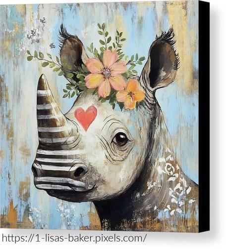 An art print of a  cute rhinoceros with a heart on it's face, flowers on its head and stripes on its horn.  Art by Lisa S Baker.