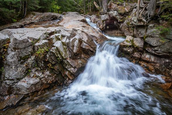 Water flows down through a rock channel and over a ledge forming a waterfall. The waterfall gets wider as it goes down.
© Tom Goetz. All rights reserved. Training an AI on this image is expressly forbidden.
